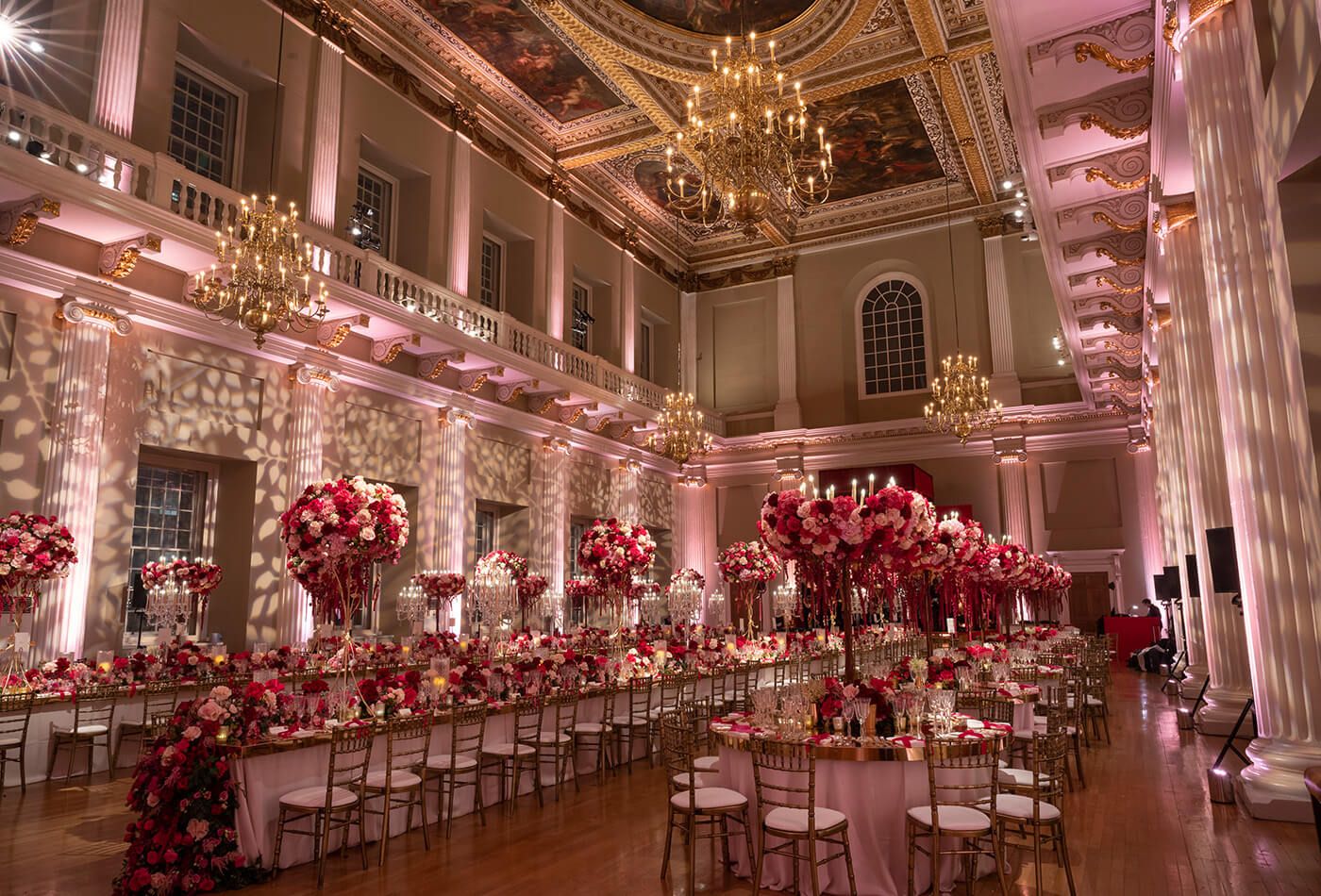 Red and pink floral wedding dinner party